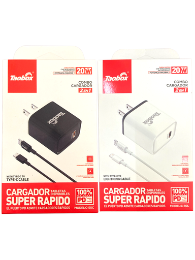 COMBO CARGADOR TAOBOX 2 EN 1 (TIPO C A C / LIGHTNING Y USB)